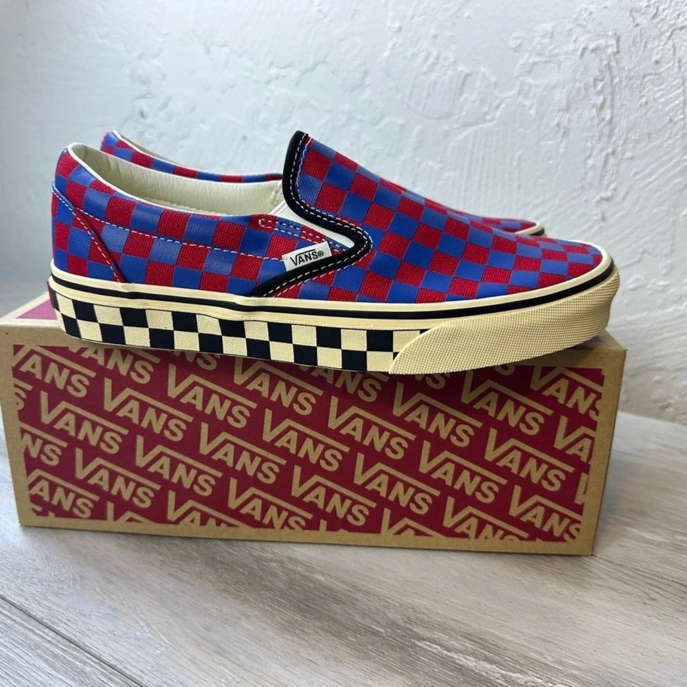 Vans Classic Slip-On Shoes Mens Size 8 Red Blue Canvas Checkerboard Skater NEW